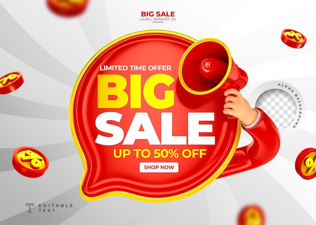 Label big sale up to 50 off 3d render with megaphone and hand in cartoon template design