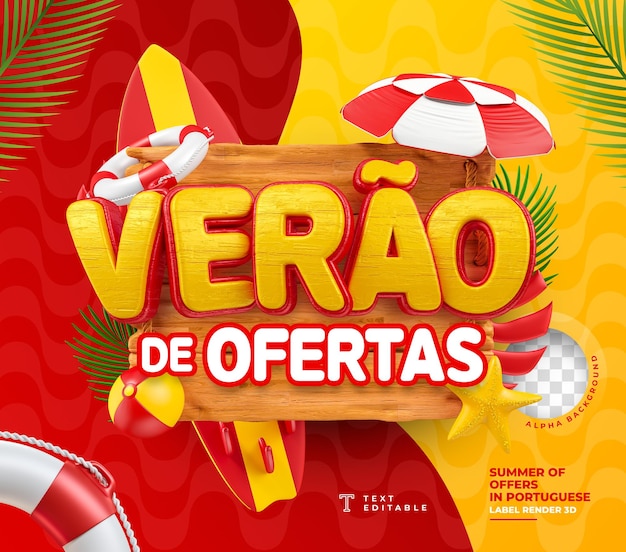 Free PSD label summer of offers in brazil 3d render template for marketing campaign in portuguese