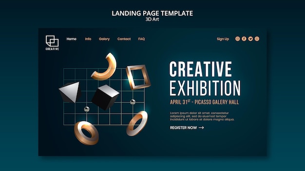 Landing page for art exhibition with creative three-dimensional shapes