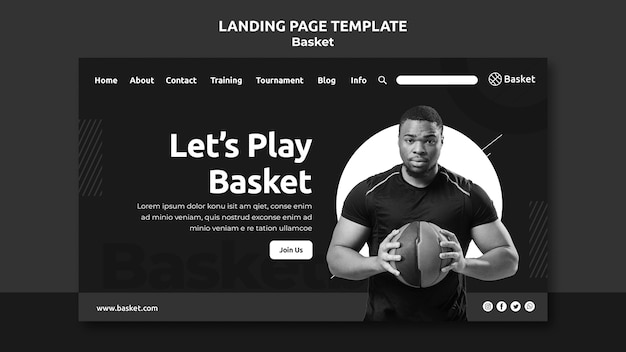 landing page in black and white with male basketball athlete