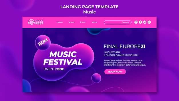 PSD gratuito pagina di destinazione per festival di musica elettronica con forme di effetto liquido al neon