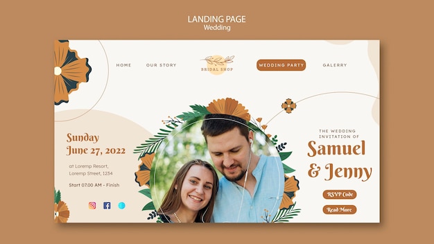 Free PSD landing page for floral wedding with leaves and couple