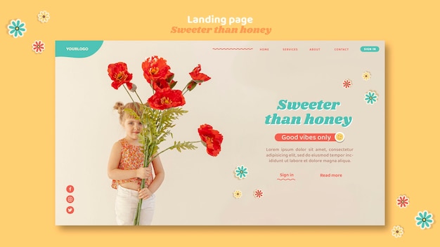 無料PSD 花を持つ子供のためのランディングページ