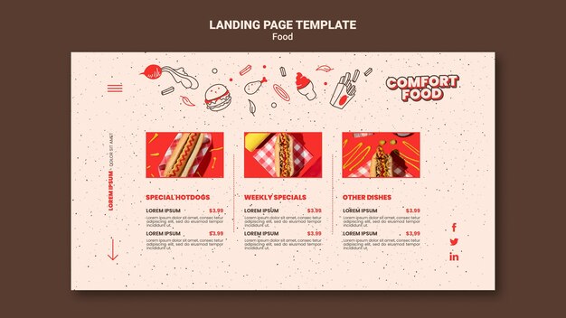 PSD gratuito pagina di destinazione per il comfort food per hot dog