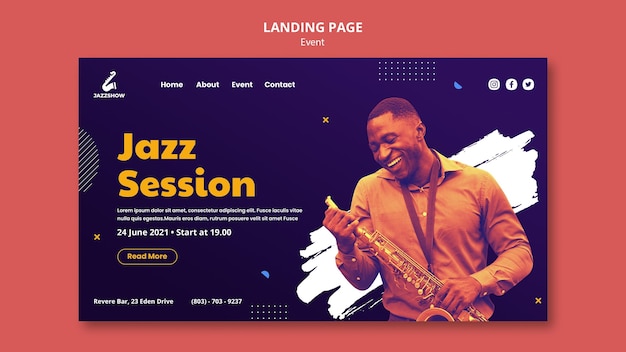PSD gratuito pagina di destinazione per eventi di musica jazz