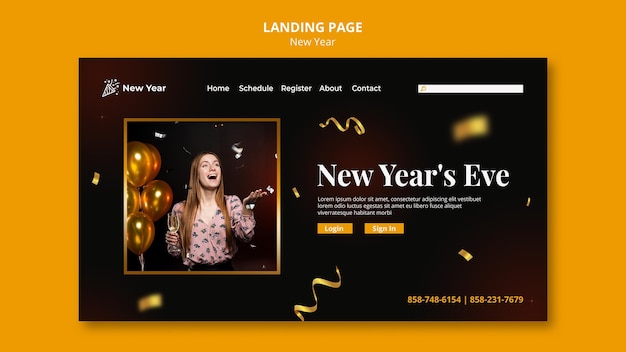 Landing page for new year party with woman and confetti