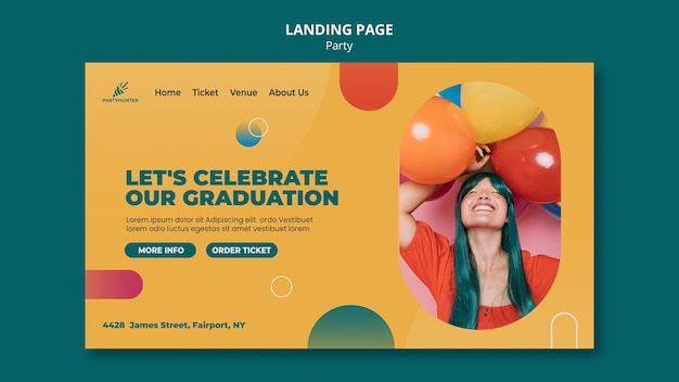 Free PSD landing page for party celebration with woman and balloons