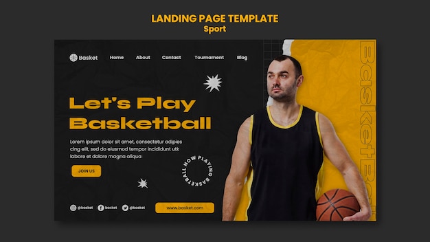 PSD gratuito modello di pagina di destinazione per partita di basket con giocatore maschio