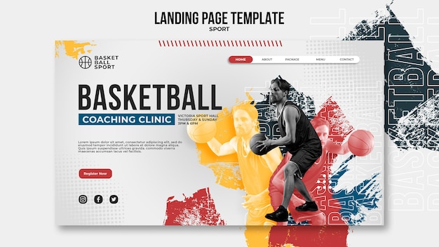 Modello di pagina di destinazione per il basket con giocatore maschio