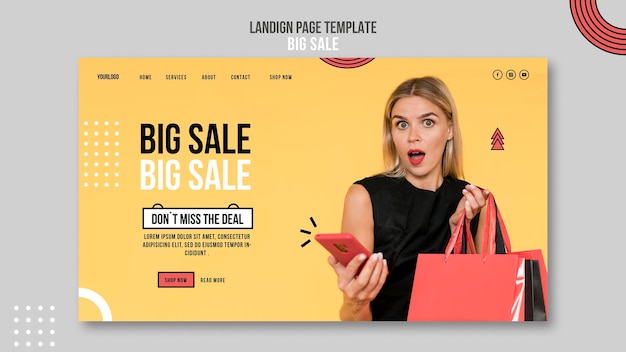 Free PSD landing page template for big sale with woman and shopping bags