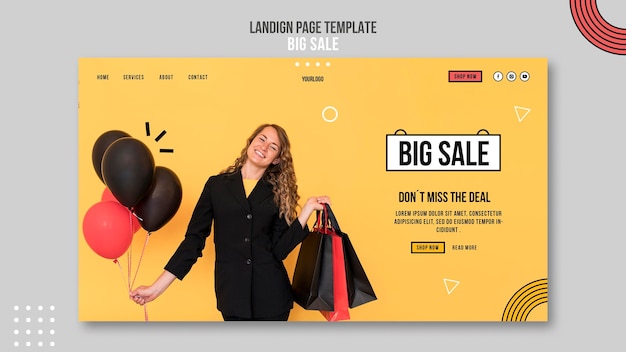 Landing page template for big sale with woman and shopping bags