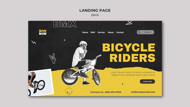 PSD gratuito modello di pagina di destinazione per ciclismo bmx con uomo e bicicletta