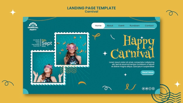 Free PSD landing page template for carnival celebration with woman