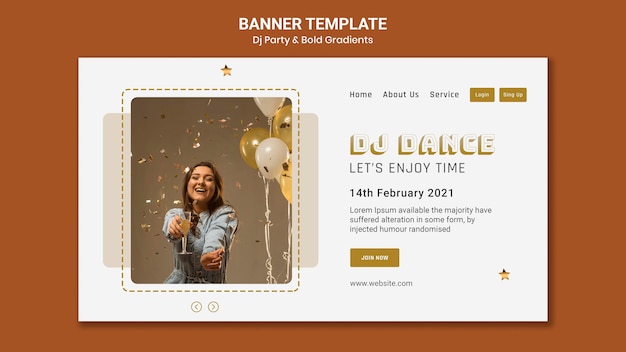 Landing page template for dj party with woman and balloons