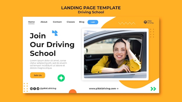 Free PSD landing page template for driving school with woman and car