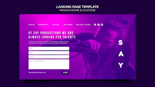 Landing page template in duotone with musicians in concert