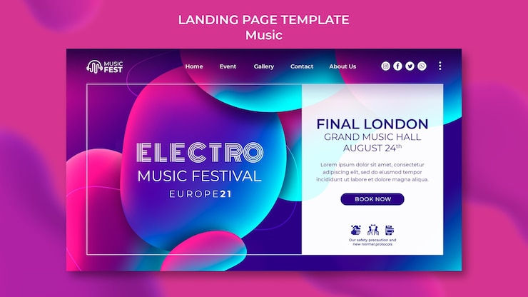 Free PSD landing page template for electro music festival with neon liquid effect shapes