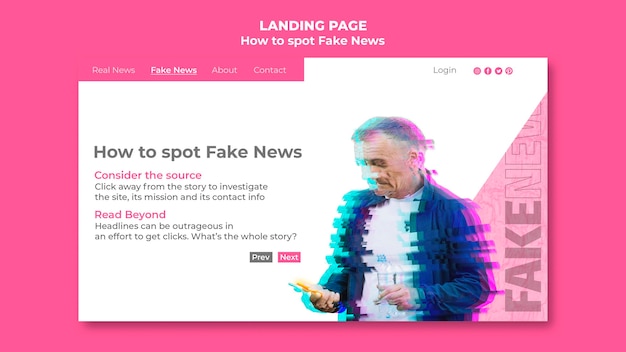 PSD gratuito modello di pagina di destinazione per lo spotting di notizie false