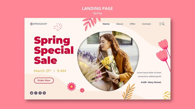 Landing page template for flower shop with spring flowers