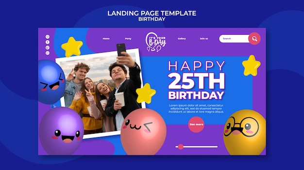 無料PSD 面白い風船で誕生日パーティーのランディングページテンプレート