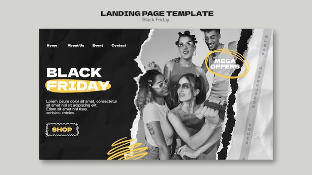 無料PSD 破れた紙のテクスチャーを使用したブラックフライデーセール用のランディングページテンプレート