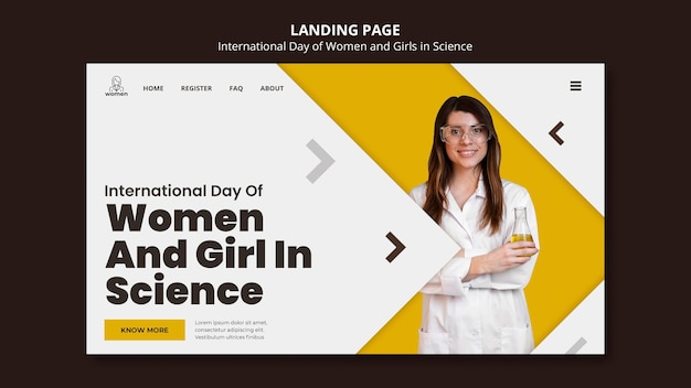 無料PSD 科学の日の国際的な女性と少女のためのランディングページテンプレート