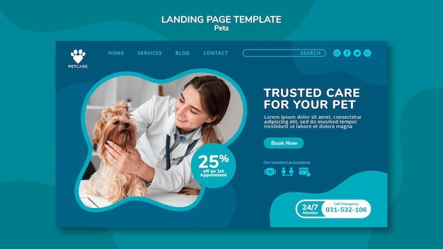 無料PSD 女性の獣医とヨークシャーテリア犬とのペットケアのためのランディングページテンプレート