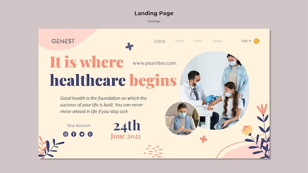 Free PSD landing page template for healthcare with people wearing medical mask