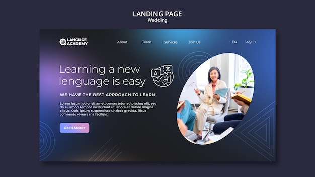 Free PSD landing page template for language learning with line shapes