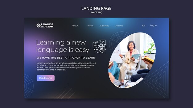 Landing page template for language learning with line shapes