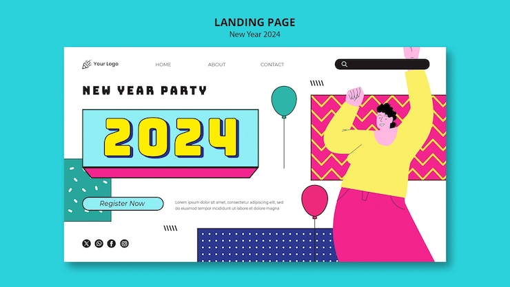 Free PSD landing page template for new year 2024 party celebration