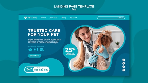 Landing page template for pet care with female veterinarian and yorkshire terrier dog