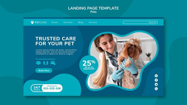 Landing page template for pet care with female veterinarian and yorkshire terrier dog