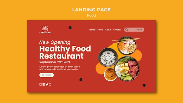 健康食品のボウルとレストランのランディングページテンプレート