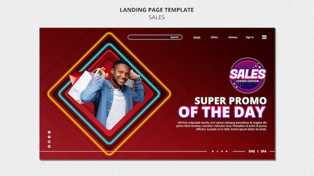 Free PSD landing page template for sales with man holding shopping bags in neon squares