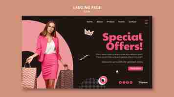 Free PSD landing page template for sales with woman in pink suit