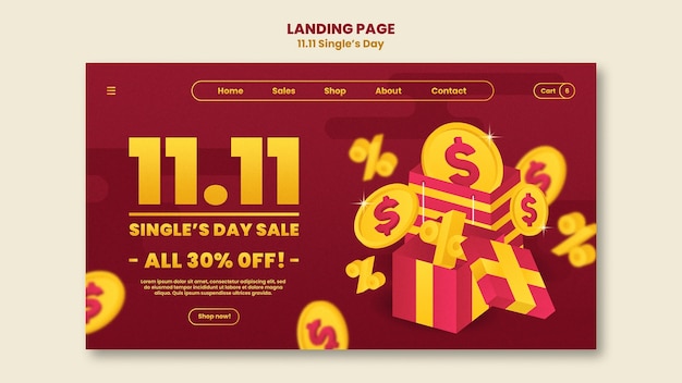 Free PSD landing page template for single's day sales with coins and dollar sign