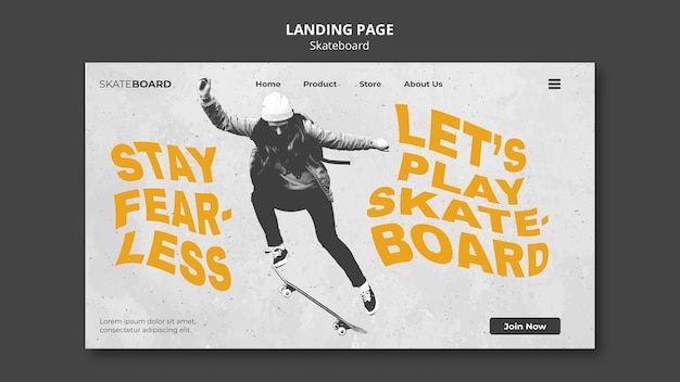 PSD gratuito modello di pagina di destinazione per lo skateboard con la donna