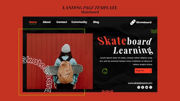 PSD gratuito modello di pagina di destinazione per lo skateboard con la donna