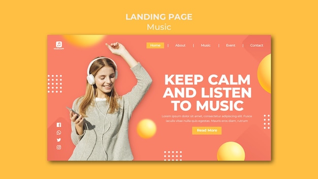 Landing page template for streaming music online with woman wearing headphones