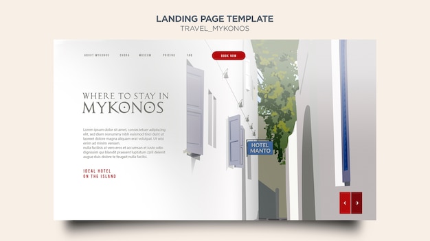 Modello di pagina di destinazione viaggi mykonos