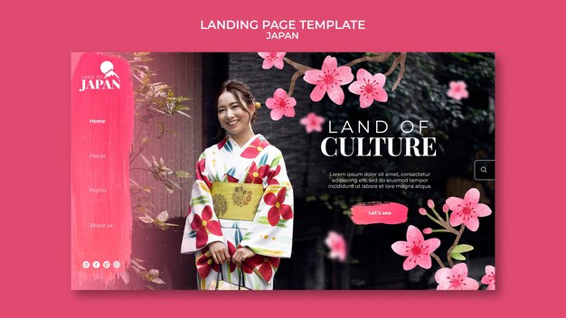 Landing page template for traveling to japan with woman and cherry blossom