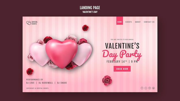 Free PSD landing page template for valentine's day with heart and red roses