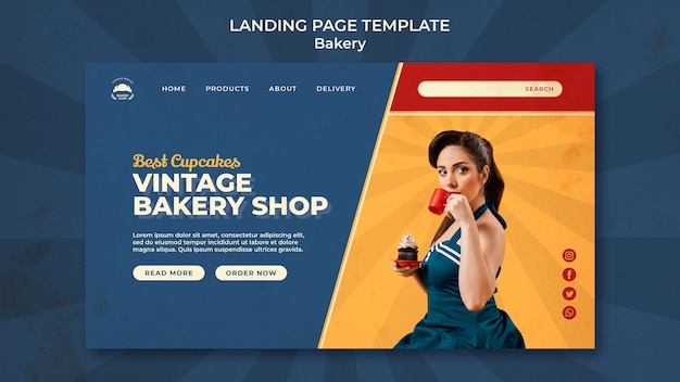 Landing page template for vintage bakery shop with woman