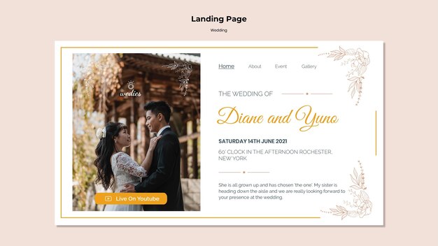 Landing page template for wedding ceremony with bride and groom