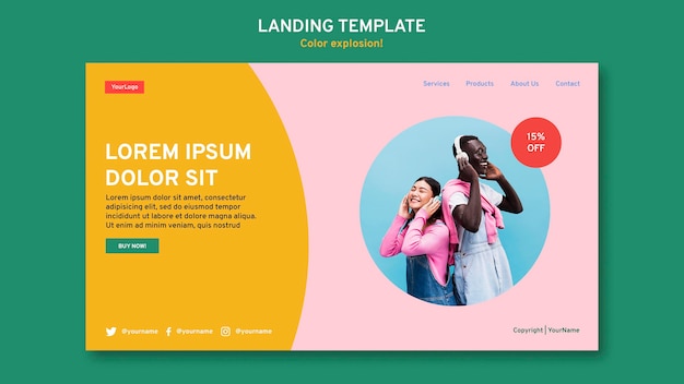 Free PSD landing page template with man and woman listening to music on headphones