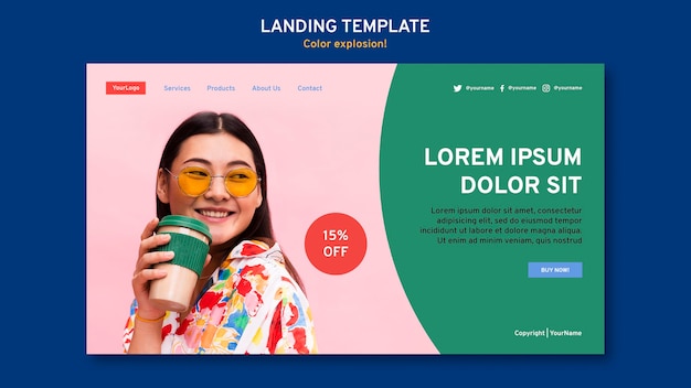 Landing page template with woman drinking from cup