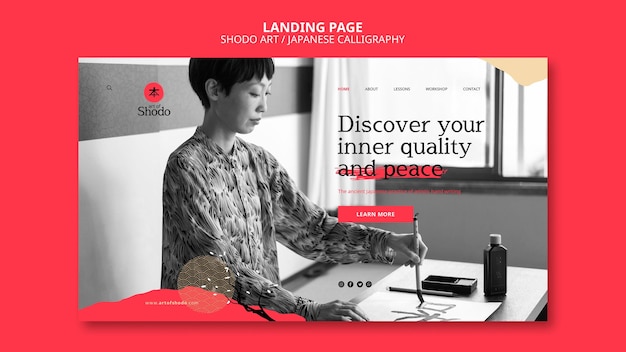 Free PSD landing page template with woman practicing japanese shodo art