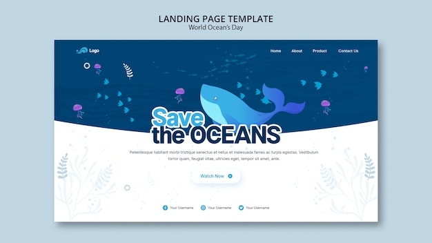 Landing page template with world ocean day concept