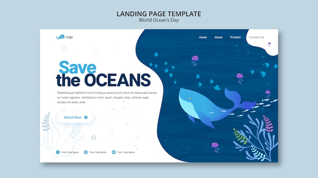 Free PSD landing page template with world ocean day
